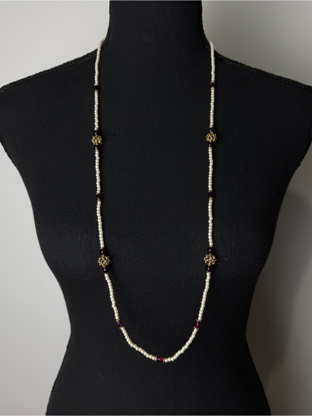 Vintage NAPIER Pearl & Burgundy Bead Necklace Signed Gold Tone Filigree Accents